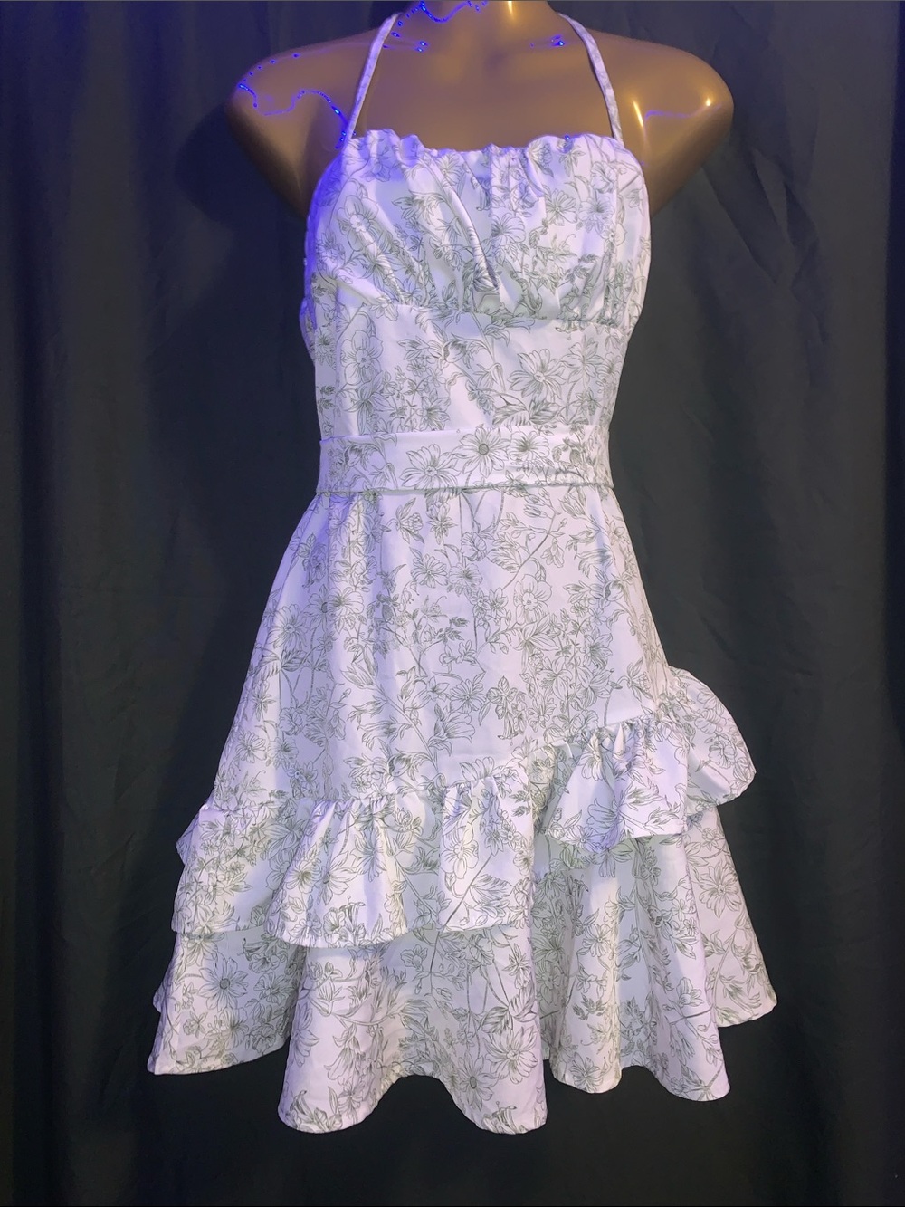 Floral Ruffle Halter Dress in White and Sage
